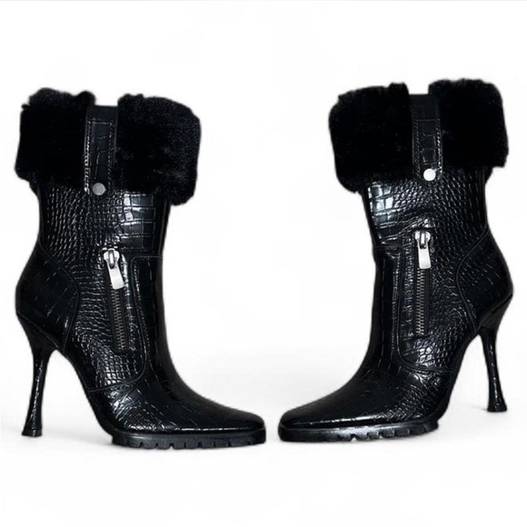 NWOB Current Mood Size 9 Black Croc-Embossed Heeled Boots With Square Toe - Picture 1 of 7